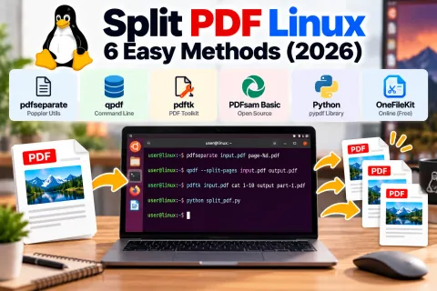 Split PDF Linux guide showing pdfseparate, qpdf, pdftk, PDFsam Basic, Python and OneFileKit methods in a Linux terminal