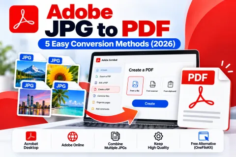 Adobe JPG to PDF conversion methods using Acrobat desktop, Adobe Online, combining multiple JPGs and the free OneFileKit alternative