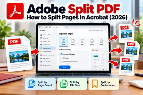 Adobe Split PDF tutorial showing how to split pages in Acrobat by page count, file size or bookmarks